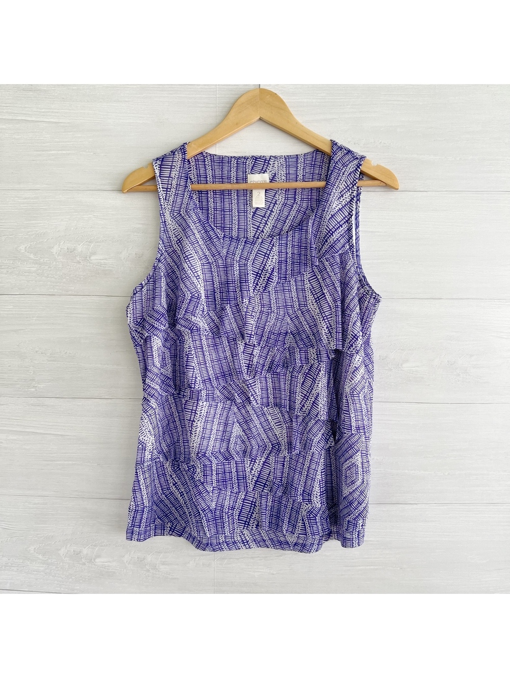 Chico’s Purple White Geometric Ruffle Mesh Sleeveless Top Size 2 L 12/14